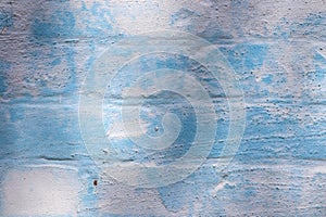 Close-up of light blue brick wall background. Weathered paint. Tree shadow