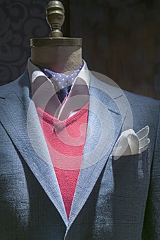 Light Blue Checkered Jacket With Red Sweater, Shirt, Tie & Handkerchief (Vertical)