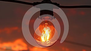 A close up of a light bulb with the sun setting in front, AI