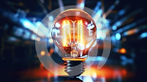 A close up of a light bulb on a table. Suitable for various concepts