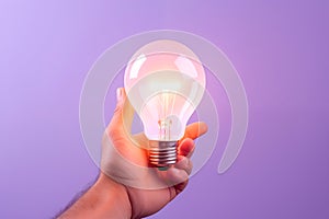 Close up a Lightbulb in a hand creative thinking concept new idea, innovation, brainstorming with copy space purple Generative AI