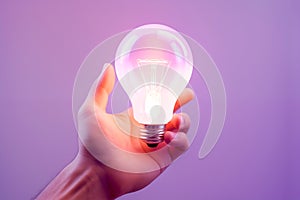Close up a Lightbulb in a hand creative thinking concept new idea, innovation, brainstorming with copy space purple Generative AI