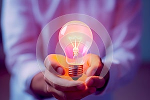 Close up a Lightbulb in a hand of the salaryman creative new idea. Innovation, brainstorming, Generative AI