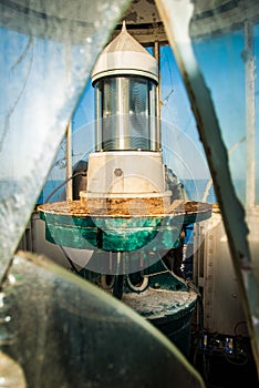 Close up of lighthouse of Cape Apolytaras south of Antikythera island, one of the oldest lighthouses in Greece