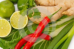 Close up of lime, pak choy, chilli, scallions, ginger and coriander photo
