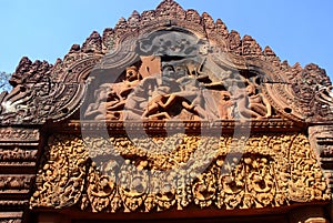 Close up of Lintel and Pediment at Banteay Srei or Banteay Srey Pink Sandstone Temple, Siem reap, Cambodia