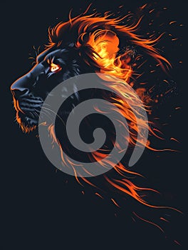 A close up of a lion on a black background, a magical creature made of fire