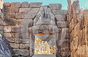 Close up of Lion gate in ancient Greek ruins at Mycenae which is mentioned in the Iliad - missing heads were thought to be gold photo
