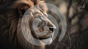 a close up of a lion near a tree with no leaves on it's head and a bush in the foreground with a blurry background