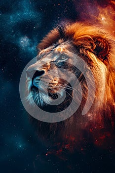 Close up of lion's face with blue and red background that resembles space. Generative AI
