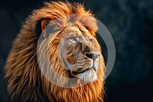 Close up of lion's face with its eyes open and looking forward. Generative AI