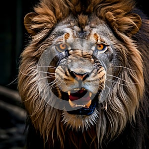A Close-Up of a Lion\'s Face, Radiating Majestic Ferocity, roaring, showing his teeth