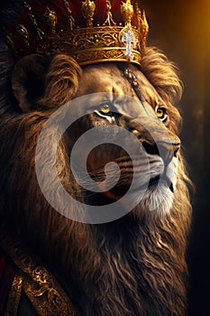 Close up of lion wearing crown on top of it's head. Generative AI