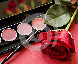 Close-up lip gloss set with brush and rose on red textured surface.