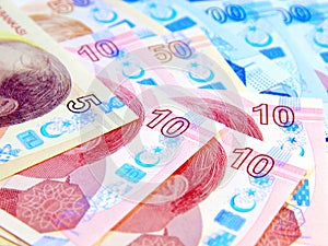 Close up of Liras. Turkey currency