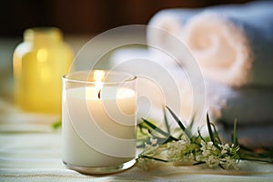 close-up of a lit scented candle next to a bath towel