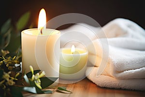 close-up of a lit scented candle next to a bath towel