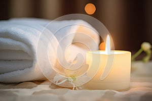 close-up of a lit scented candle next to a bath towel
