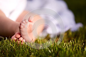 Close-up of little baby feet on green grass outdoors in the city park.