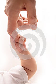 Close-up little hand of child and palm of mother and father. A newborn holds on to mom& x27;s, dad& x27;s finger.