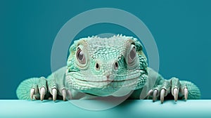 A close up of a lizard on a blue surface. Generative AI image.