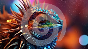 A close up of a lizard with bright colors and spikes, AI