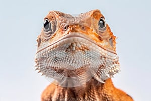 A close up of a lizard's face on a blue background. Generative AI image.