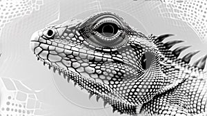A close up of a lizard's head in black and white, AI