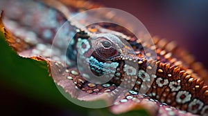 a close up of a lizard's head with a blurry back ground and a green leaf in the foreground with a blurry background