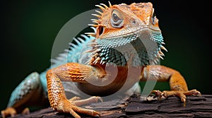 A close up of a lizard on a tree branch. Generative AI image.