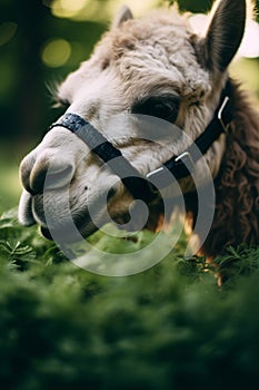 Close-up of a llama grazing in a field
