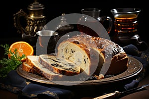 Close-up of a loaf of homemade traditional fruit bread on a table with tea and orange