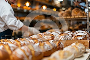 Close up of loaves of bread in industrial bakery kitchen