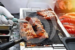 Close up Lobster burned on charcoal, street food