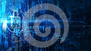 Close-up lock circuit board blue background, AI generated