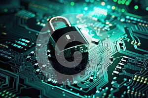 Close up of a lock on a circuit board, suitable for tech security concepts