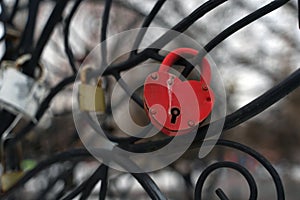 Close up of lock on iron construction. Locks of love its romantic tradition of newlyweds.