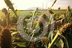 close-up of locusts devouring crops in a field