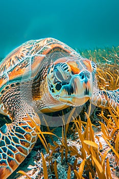 Close Up of a Loggerhead Sea Turtle Swimming Over Seagrass in Crystal Clear Blue Ocean Waters