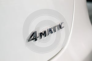 Close up logo 4matic on Mercedes Benz