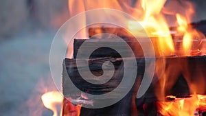 Close up of logs burning on a campfire