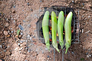 Close-up Long Green Eggplants Barbecue Grilled on Hot Charcoal..Concept Health..Folk life