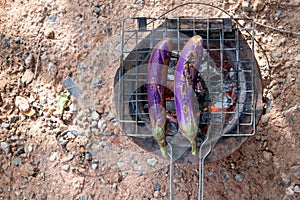Close-up Long Green Eggplants Barbecue Grilled on Hot Charcoal..Concept Health..Folk life