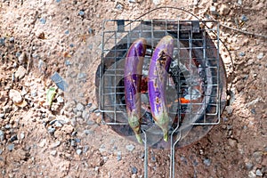 Close-up Long Green Eggplants Barbecue Grilled on Hot Charcoal..Concept Health..Folk life