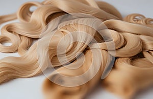 Close-up of long hairs wig. Strands of Beautiful long curly hairs. Beauty, Fashion, Hairdresser salon concept. Perfect image for
