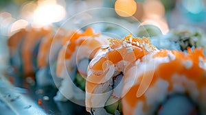 A close up of a long line of sushi rolls on the table, AI