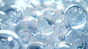 Close up look of blue bubbles floating in light silver background