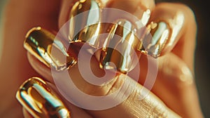 A close-up look at a hand featuring metallic gold and chrome nail polish, exemplifying current trends in beauty and fashion