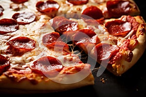 Close up look of a pan of Pepperoni Pizza.