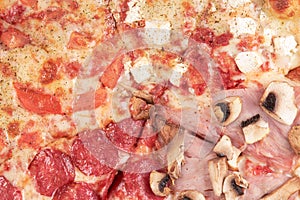 close up looking above for assorted pizza. background backdrop